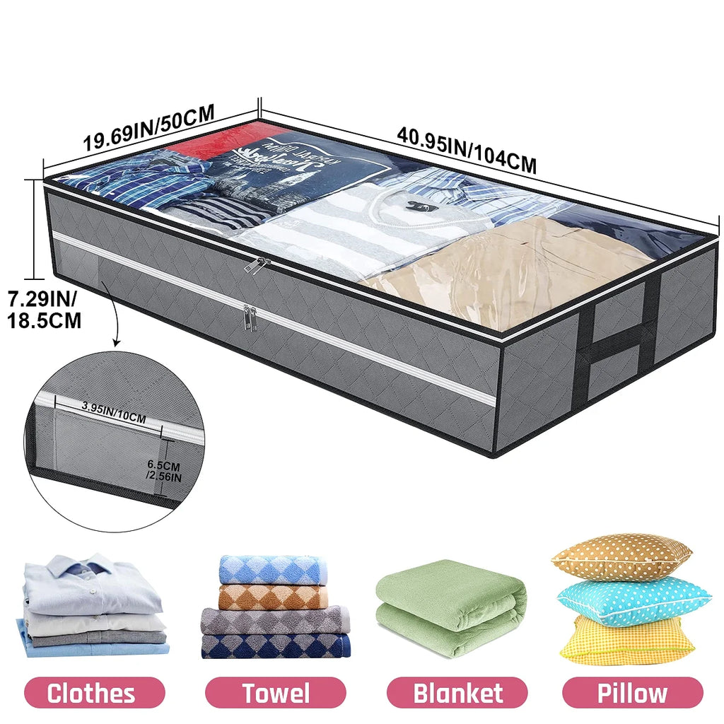 96L under Bed Storage Bags with Reinforced Handle, 2Pcs Underbed Storage Containers with Extra Zipper, Foldable Visible Closet Storage Organizers