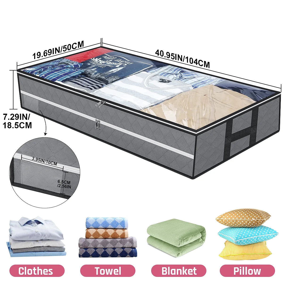 96L under Bed Storage Bags with Reinforced Handle, 2Pcs Underbed Storage Containers with Extra Zipper, Foldable Visible Closet Storage Organizers