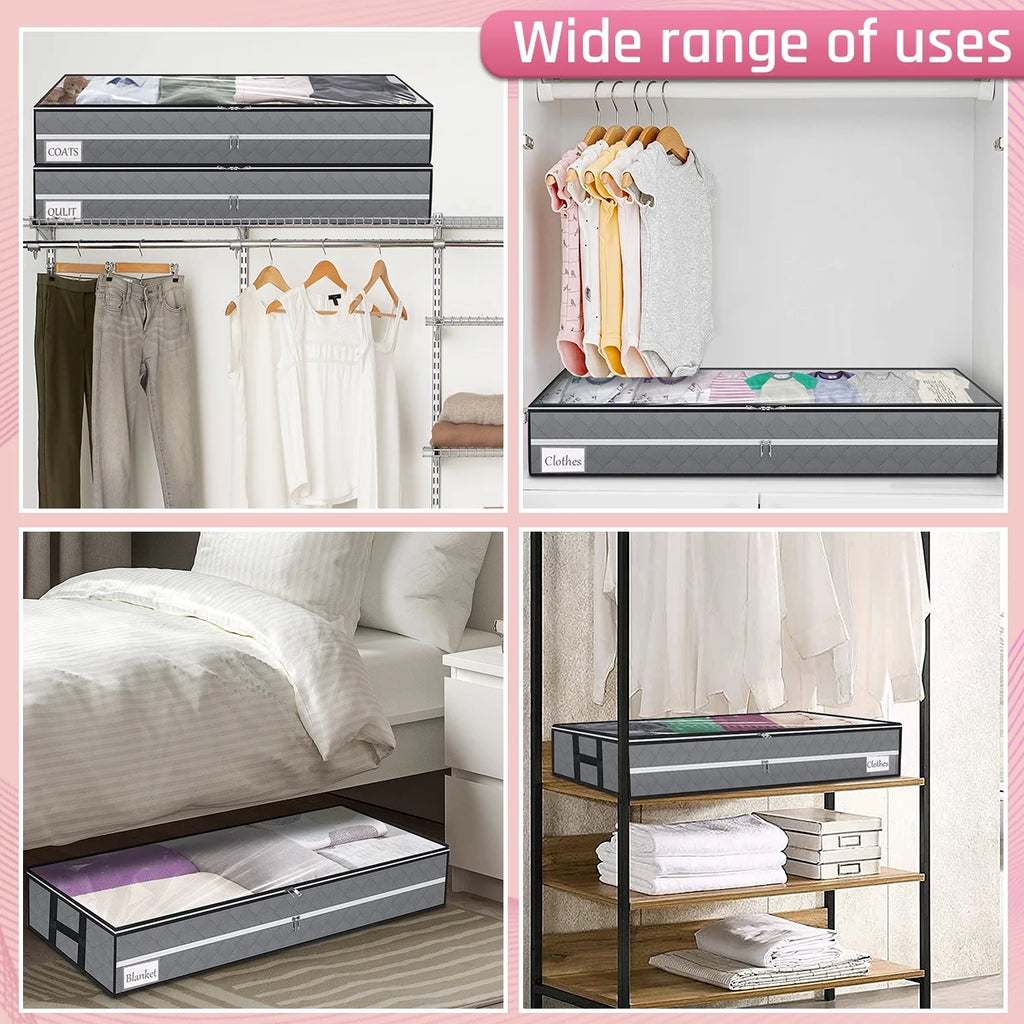 96L under Bed Storage Bags with Reinforced Handle, 2Pcs Underbed Storage Containers with Extra Zipper, Foldable Visible Closet Storage Organizers