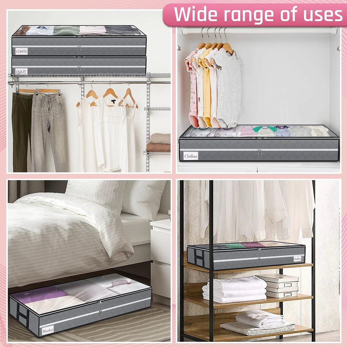 96L under Bed Storage Bags with Reinforced Handle, 2Pcs Underbed Storage Containers with Extra Zipper, Foldable Visible Closet Storage Organizers