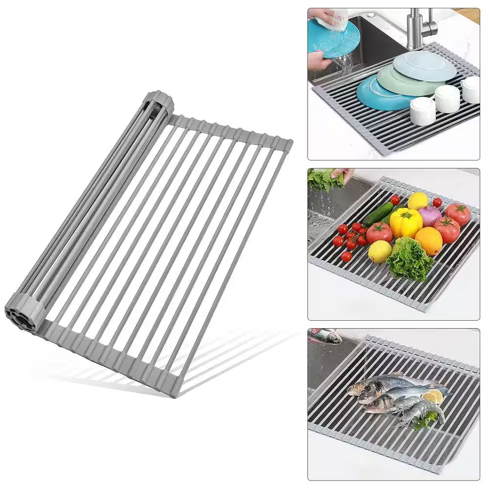 17 In. X 13 In. Roll-Up Kitchen Sink Drying Rack, Foldable Dish Rack in Gray