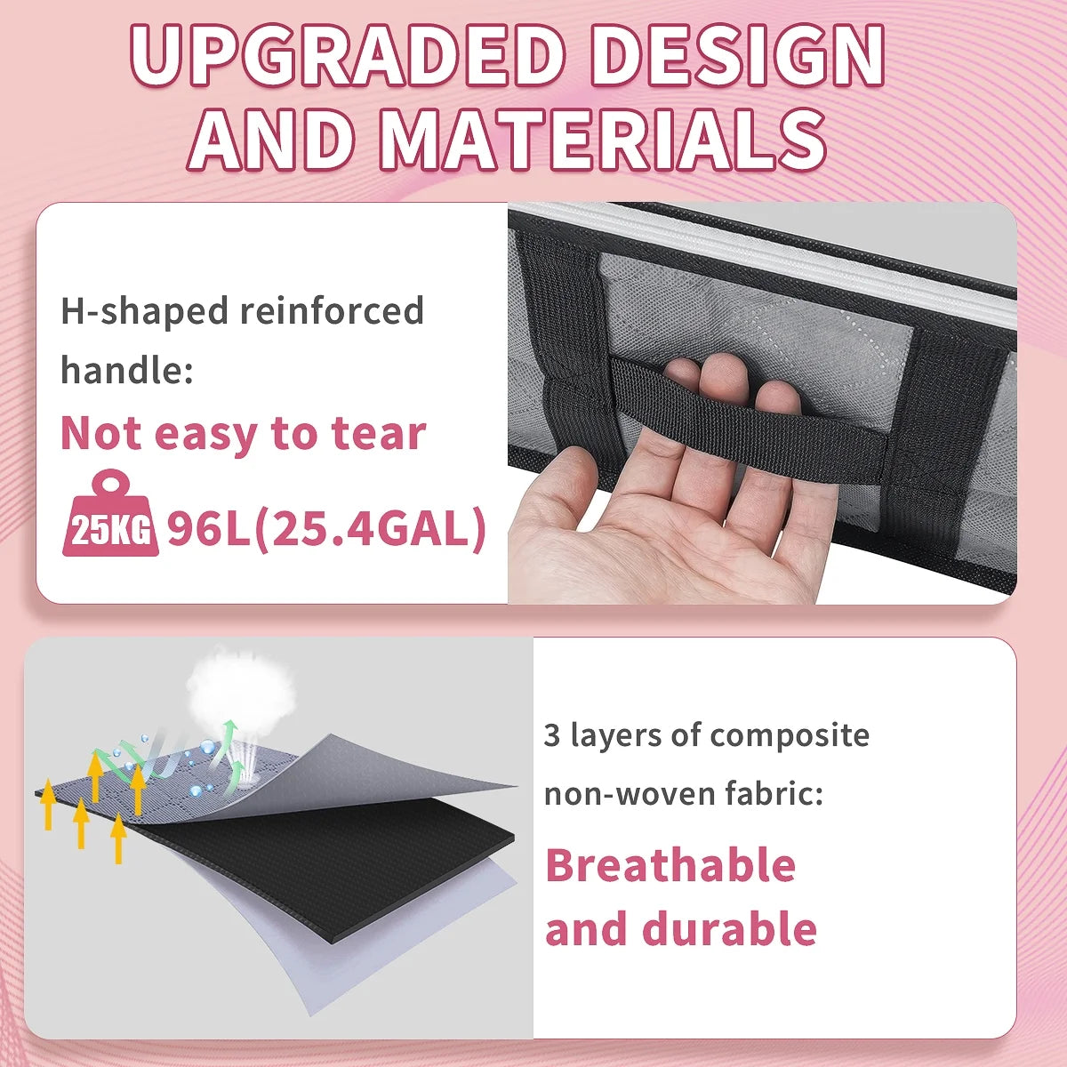 96L under Bed Storage Bags with Reinforced Handle, 2Pcs Underbed Storage Containers with Extra Zipper, Foldable Visible Closet Storage Organizers