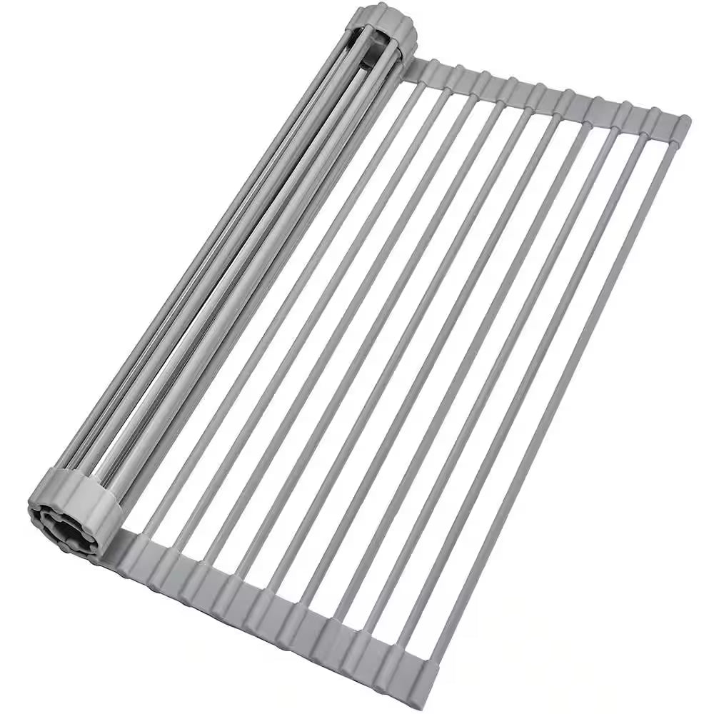 17 In. X 13 In. Roll-Up Kitchen Sink Drying Rack, Foldable Dish Rack in Gray