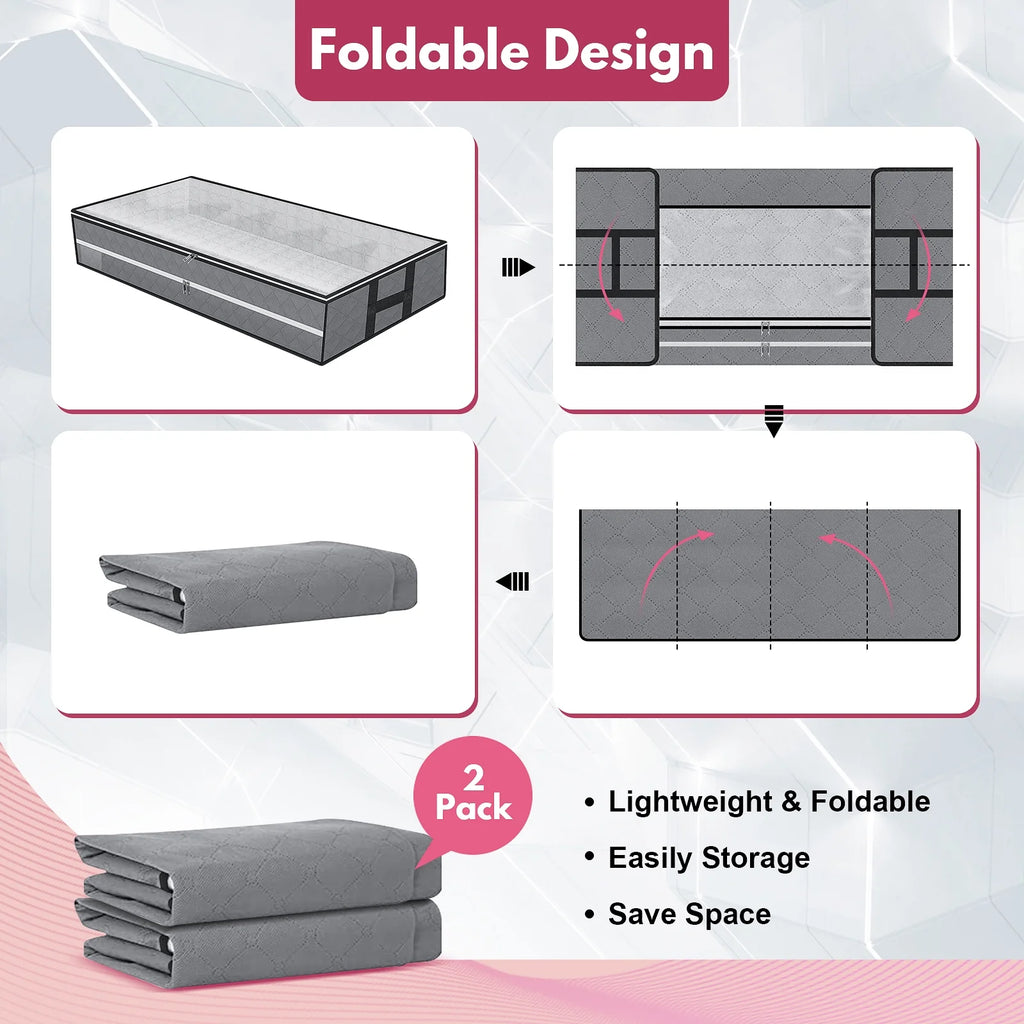 96L under Bed Storage Bags with Reinforced Handle, 2Pcs Underbed Storage Containers with Extra Zipper, Foldable Visible Closet Storage Organizers