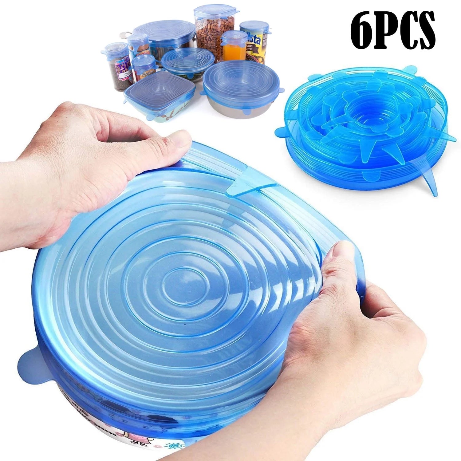 Silicone Stretch Lids, Durable & Eco-Friendly Elastic Lids Reusable Heat Resistant Various Sizes Cover for Bowl (Blue-6Pack)