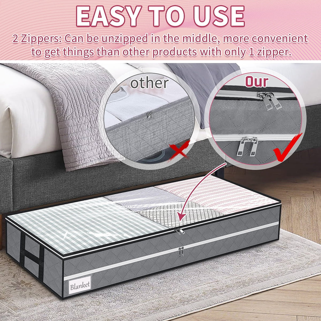 96L under Bed Storage Bags with Reinforced Handle, 2Pcs Underbed Storage Containers with Extra Zipper, Foldable Visible Closet Storage Organizers