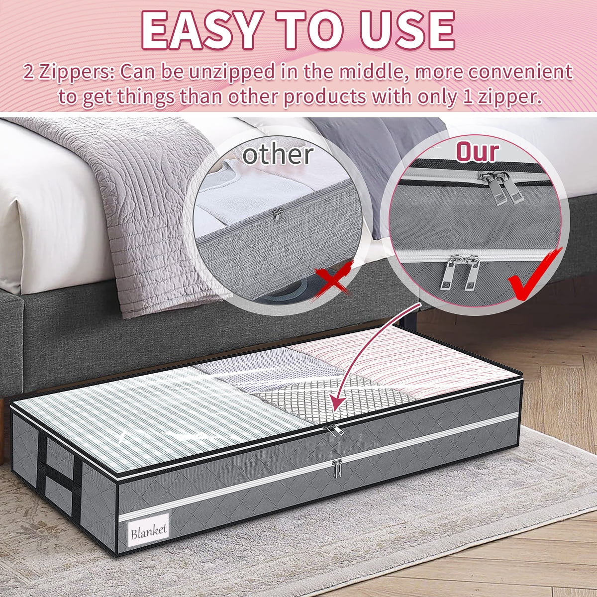 96L under Bed Storage Bags with Reinforced Handle, 2Pcs Underbed Storage Containers with Extra Zipper, Foldable Visible Closet Storage Organizers
