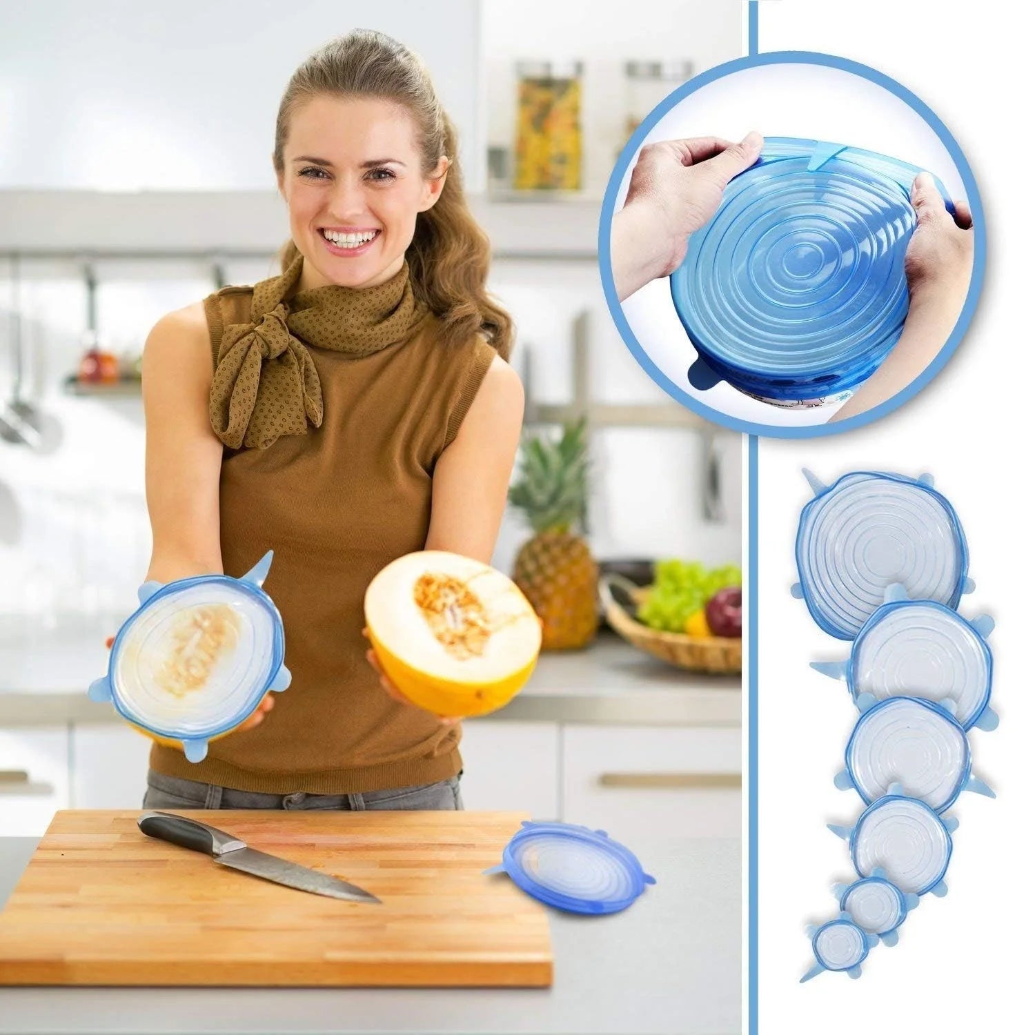 Silicone Stretch Lids, Durable & Eco-Friendly Elastic Lids Reusable Heat Resistant Various Sizes Cover for Bowl (Blue-6Pack)