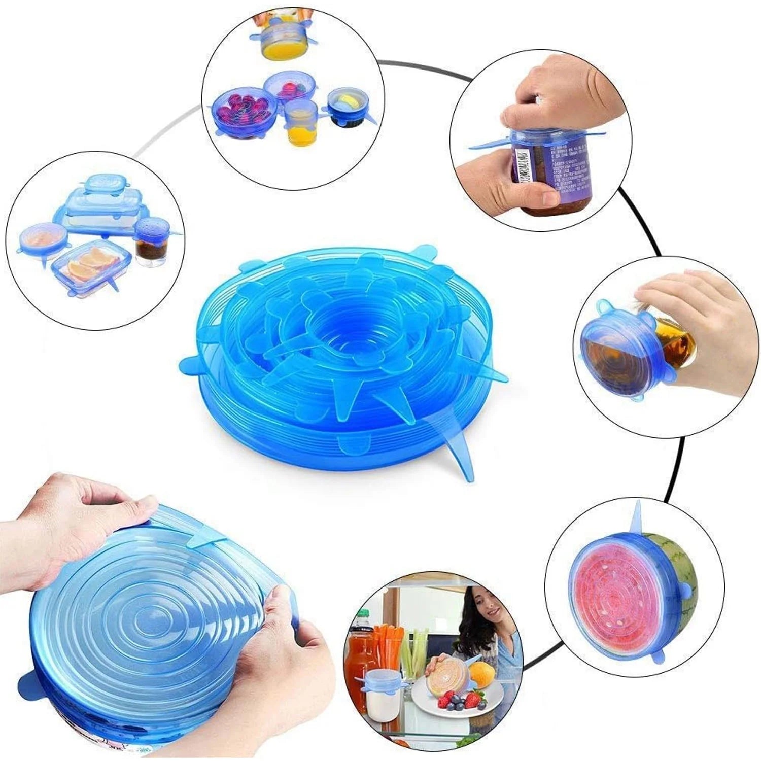 Silicone Stretch Lids, Durable & Eco-Friendly Elastic Lids Reusable Heat Resistant Various Sizes Cover for Bowl (Blue-6Pack)