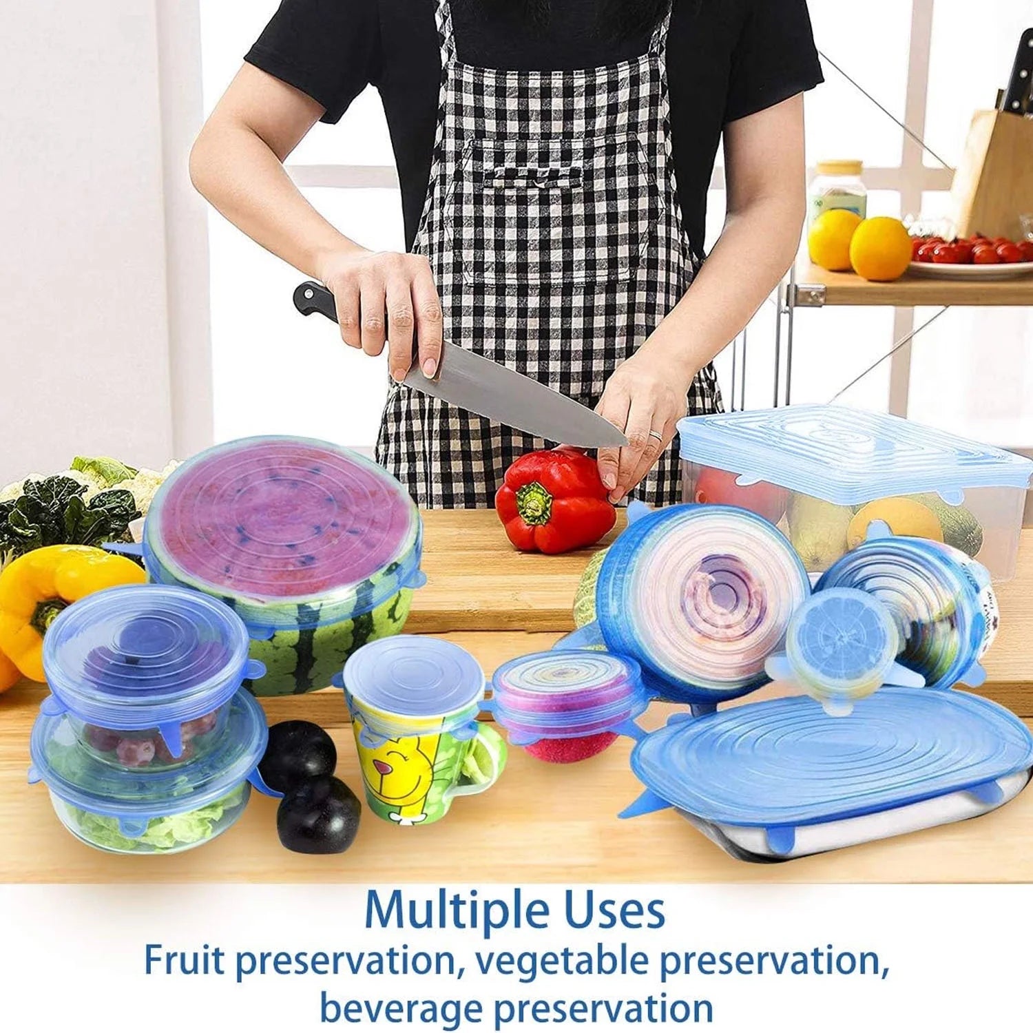 Silicone Stretch Lids, Durable & Eco-Friendly Elastic Lids Reusable Heat Resistant Various Sizes Cover for Bowl (Blue-6Pack)