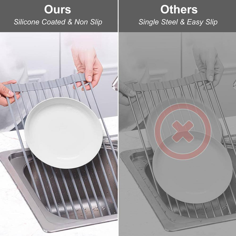 17 In. X 13 In. Roll-Up Kitchen Sink Drying Rack, Foldable Dish Rack in Gray