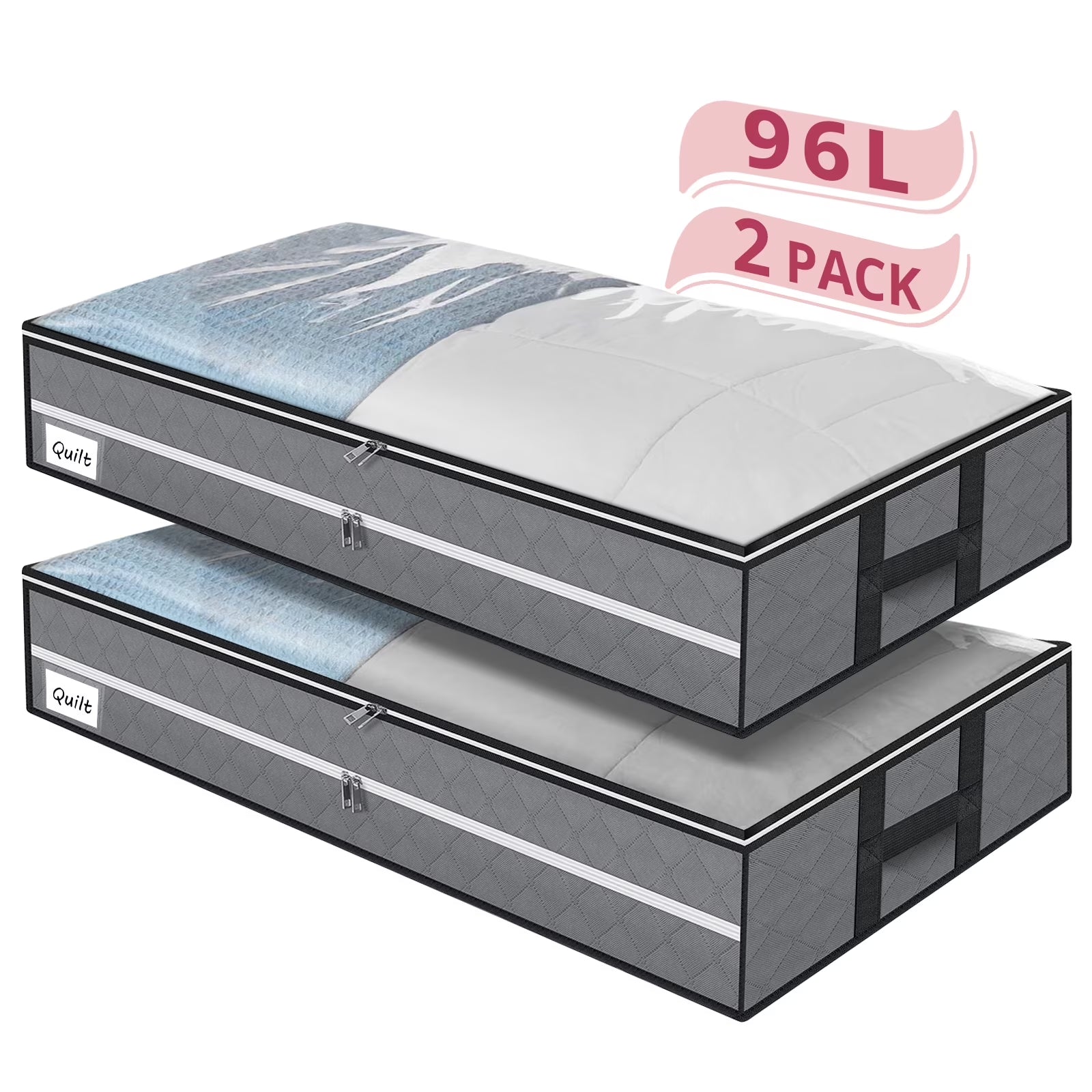96L under Bed Storage Bags with Reinforced Handle, 2Pcs Underbed Storage Containers with Extra Zipper, Foldable Visible Closet Storage Organizers