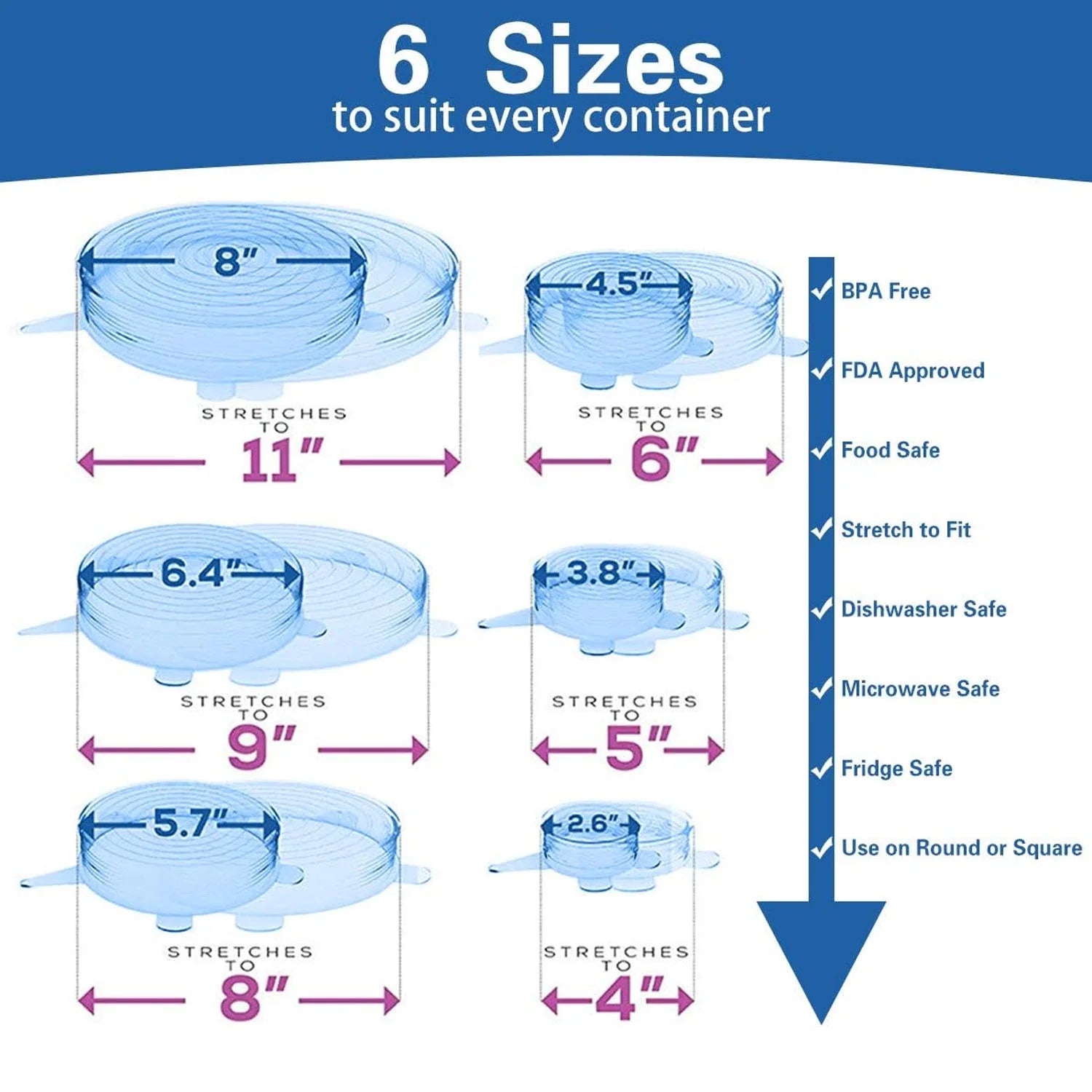 Silicone Stretch Lids, Durable & Eco-Friendly Elastic Lids Reusable Heat Resistant Various Sizes Cover for Bowl (Blue-6Pack)